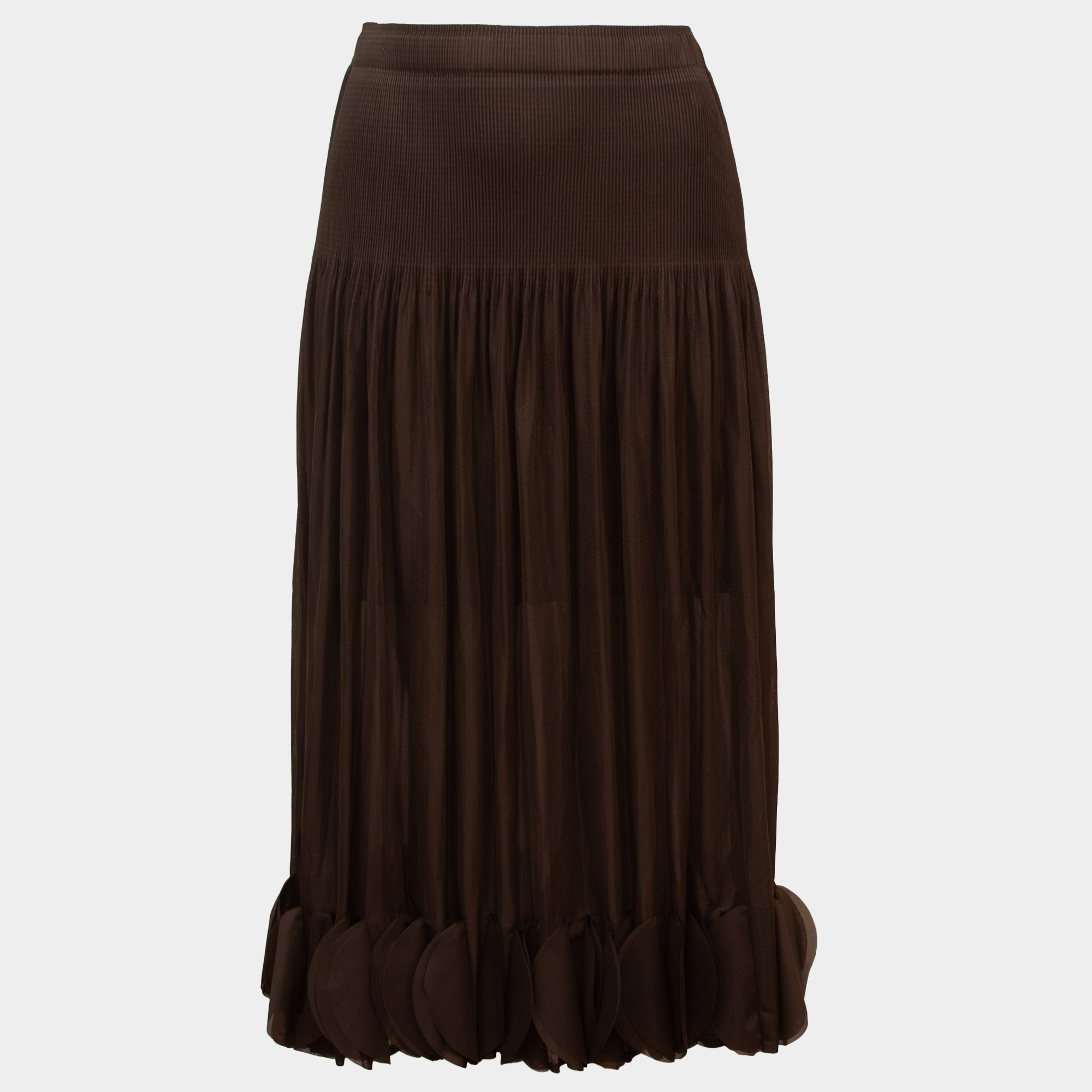 Ria chocolate midi length pleated ruffle skirt