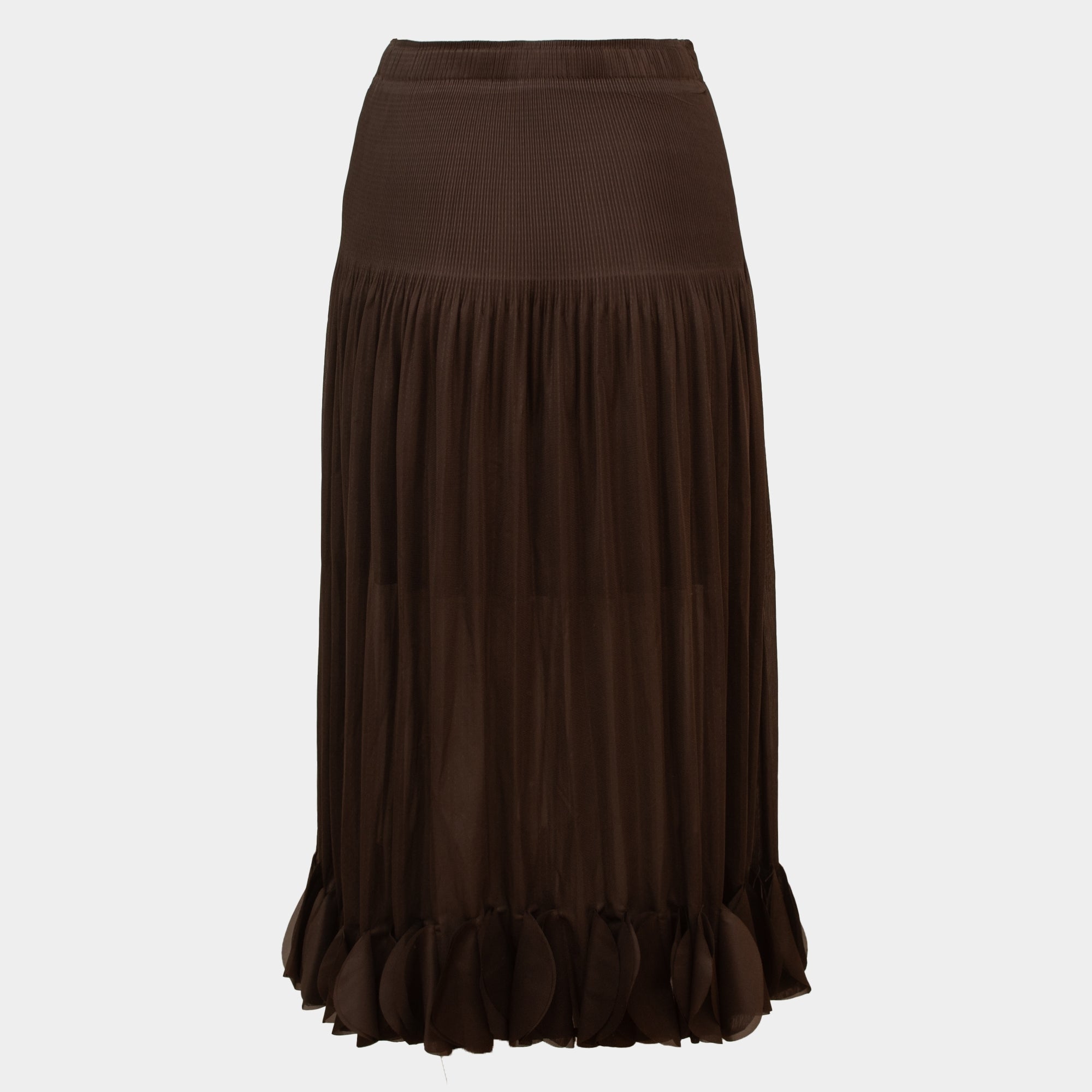 Ria chocolate midi length pleated ruffle skirt