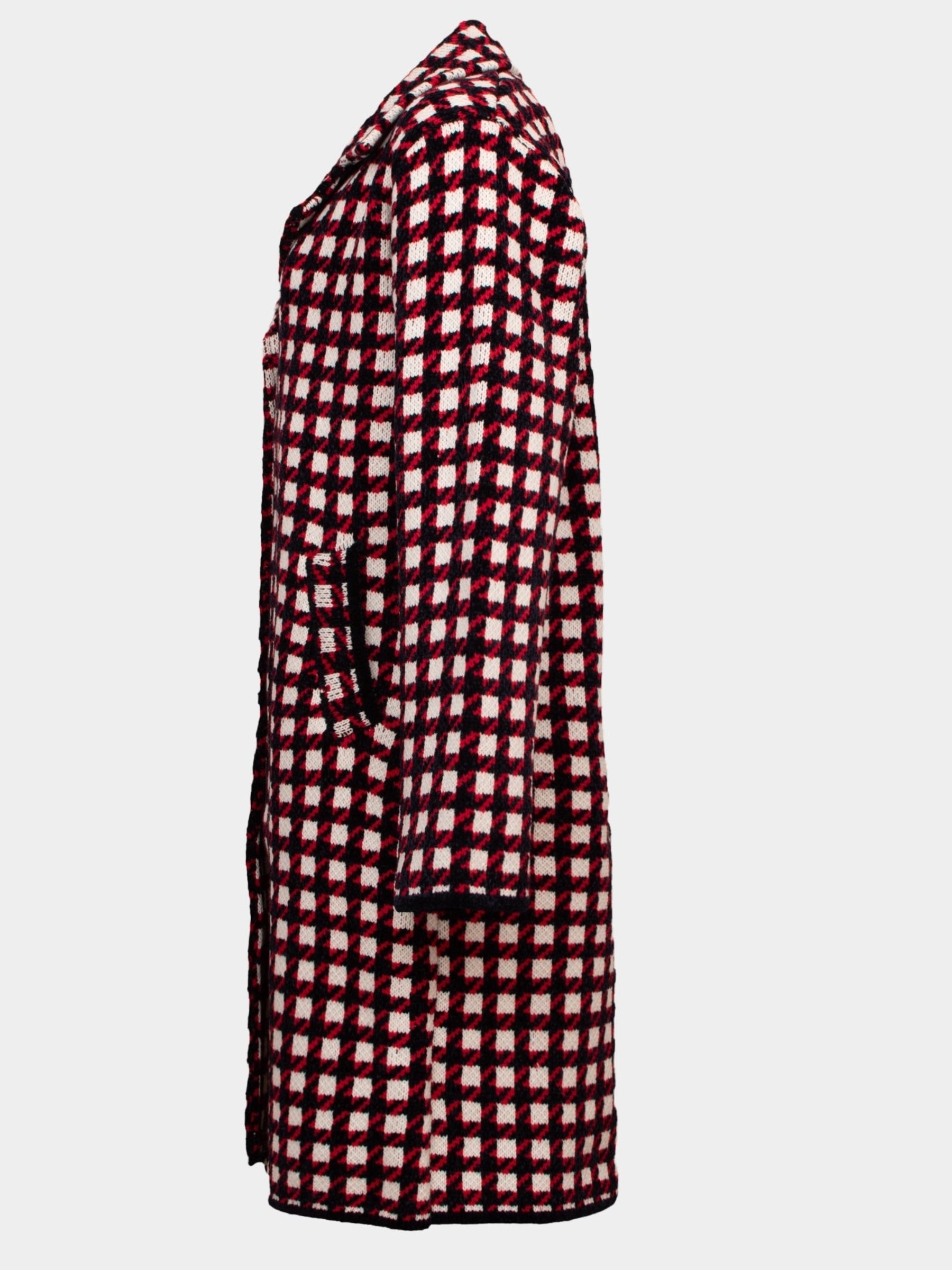Libby red check midi length knitted coatigan