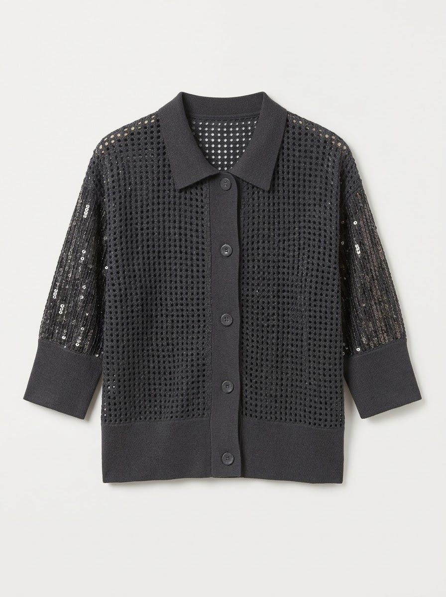 Side view of the Janey charcoal cardigan showing its sequin sleeves