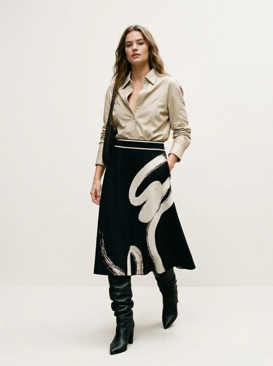 Side view of the Hilda black merino-blend skirt showing its flared shape