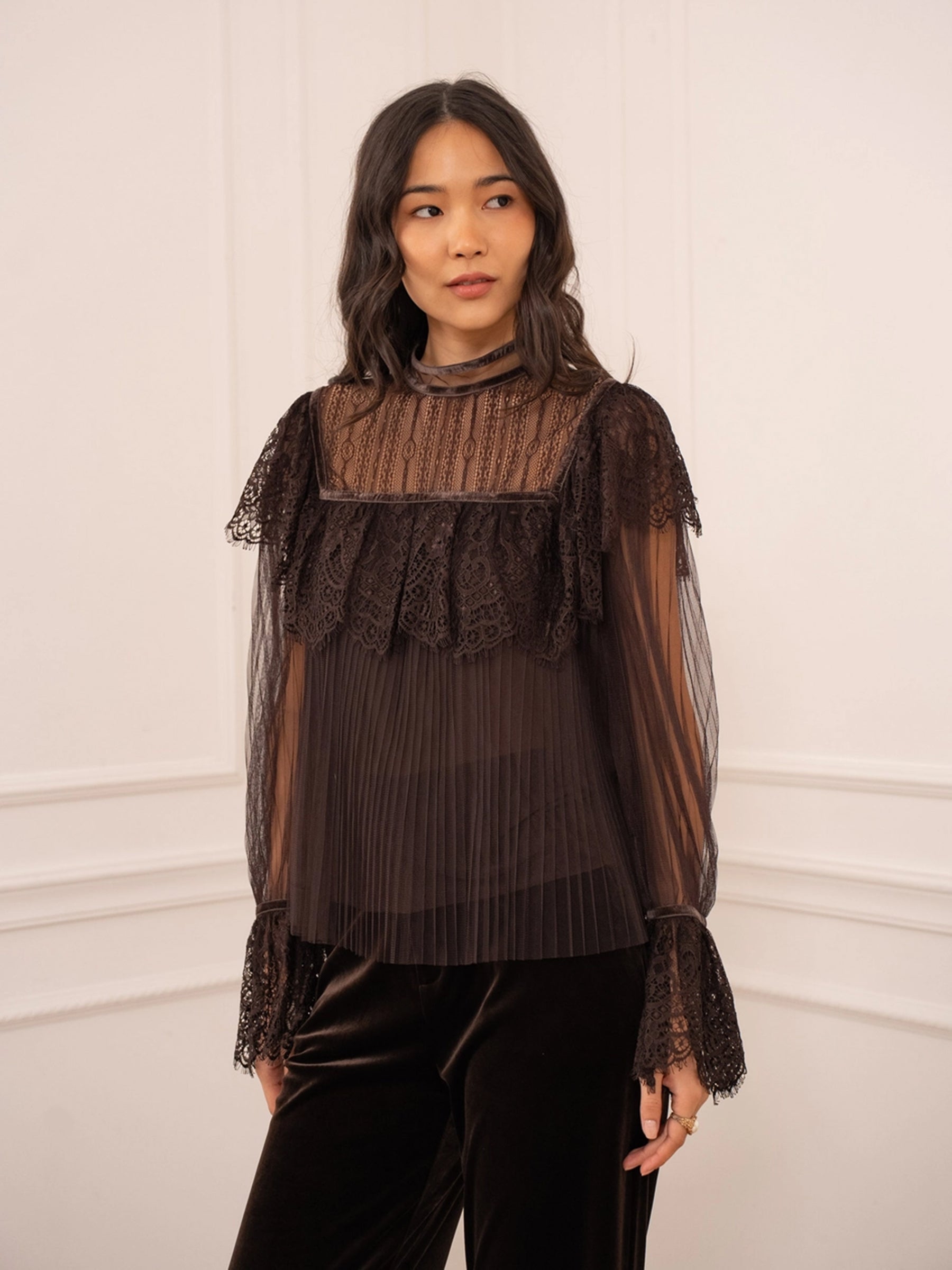 Sadie - Velvet & Lace pleated top