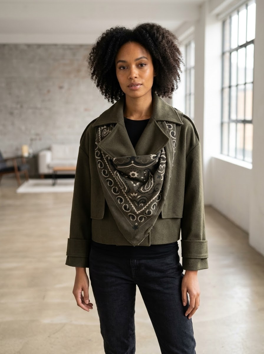 Rosa khaki cropped trench jacket styled with printed scarf