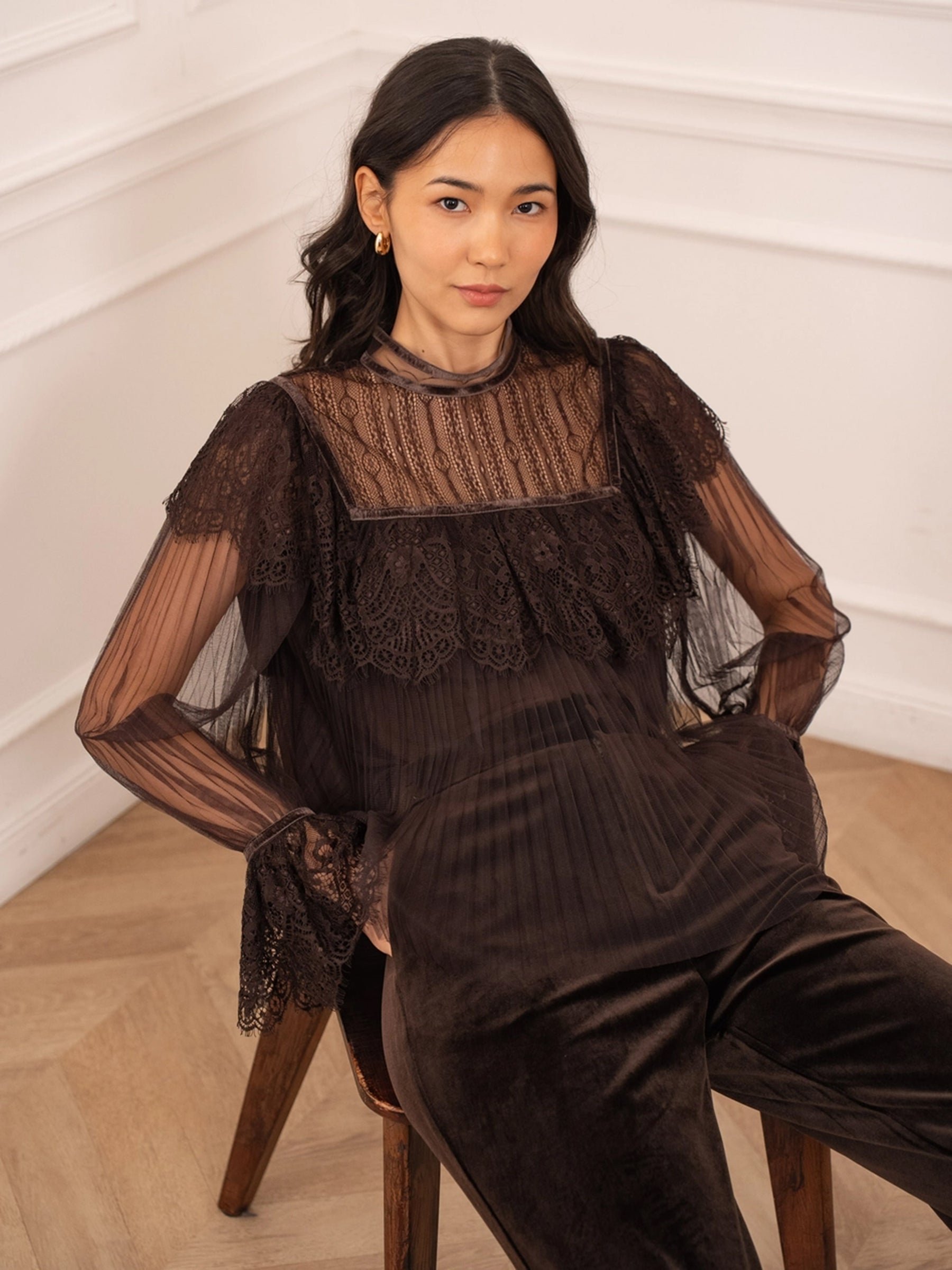 Sadie - Velvet & Lace pleated top