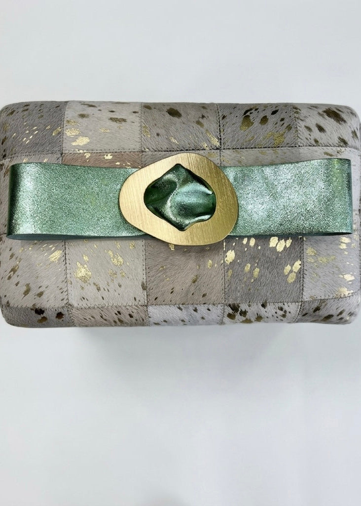Metallic spearmint leather gold tone buckle belt