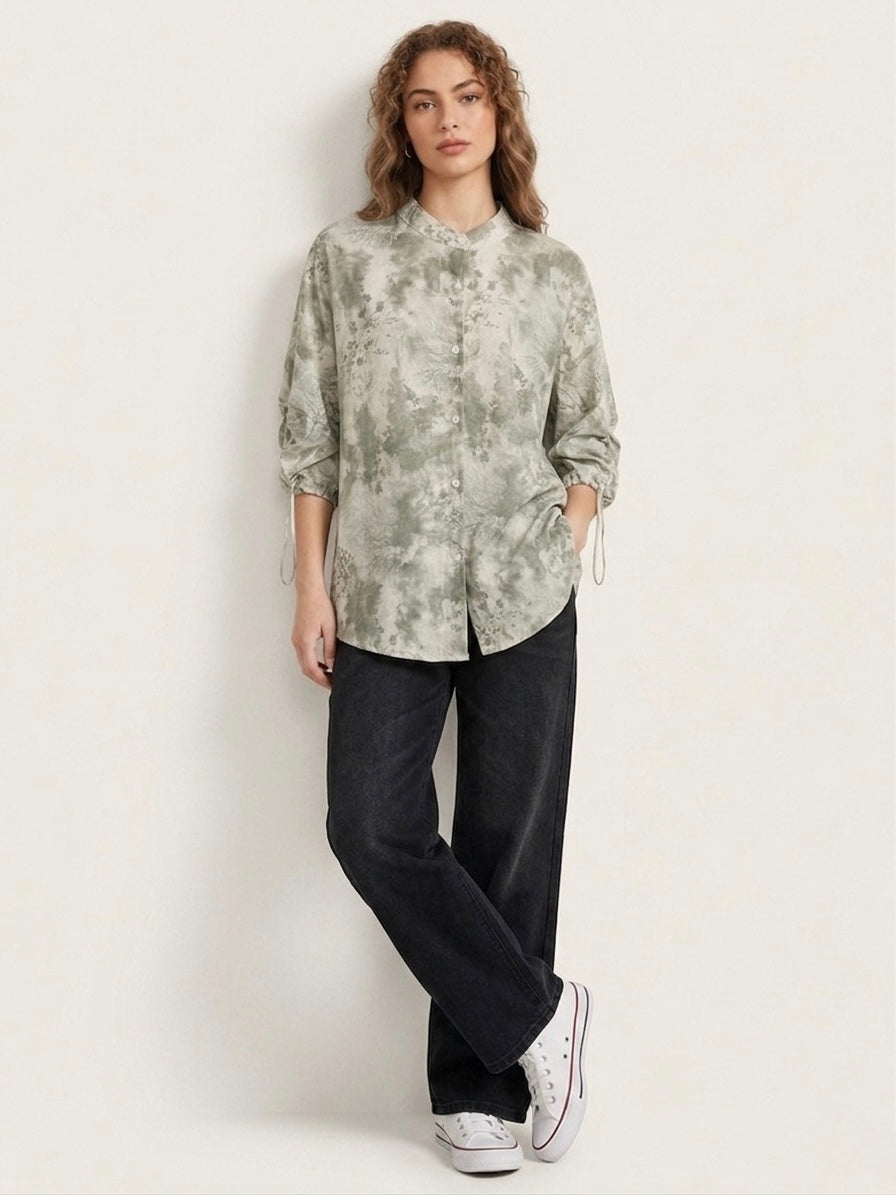 Theresa - Scenery long collarless shirt