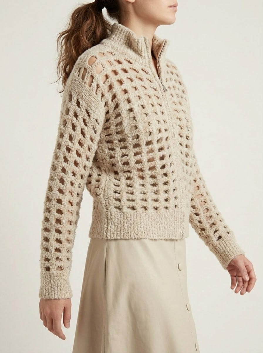 Model wearing the Meera stone open-weave zip cardigan, side view
