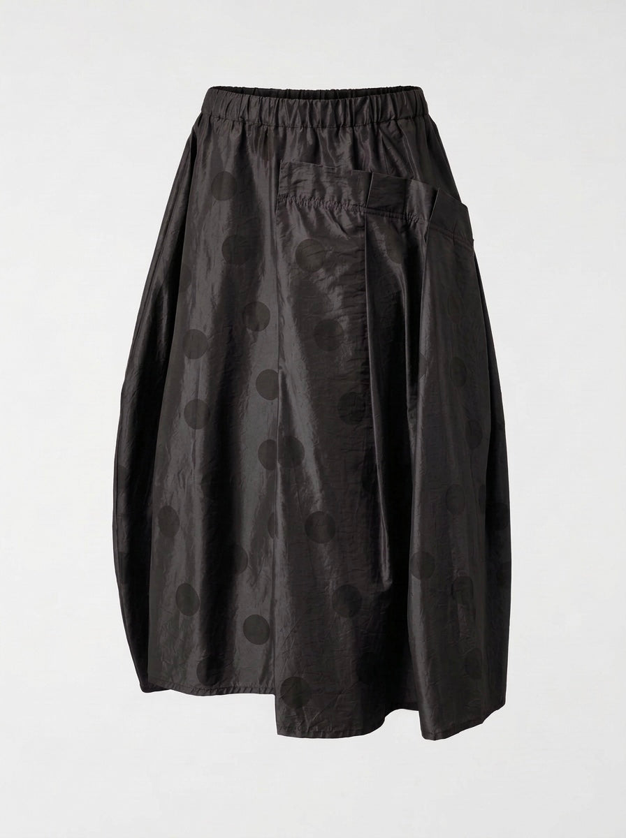 Brooke black spot taffeta skirt showing diagonal pintuck folds, product view