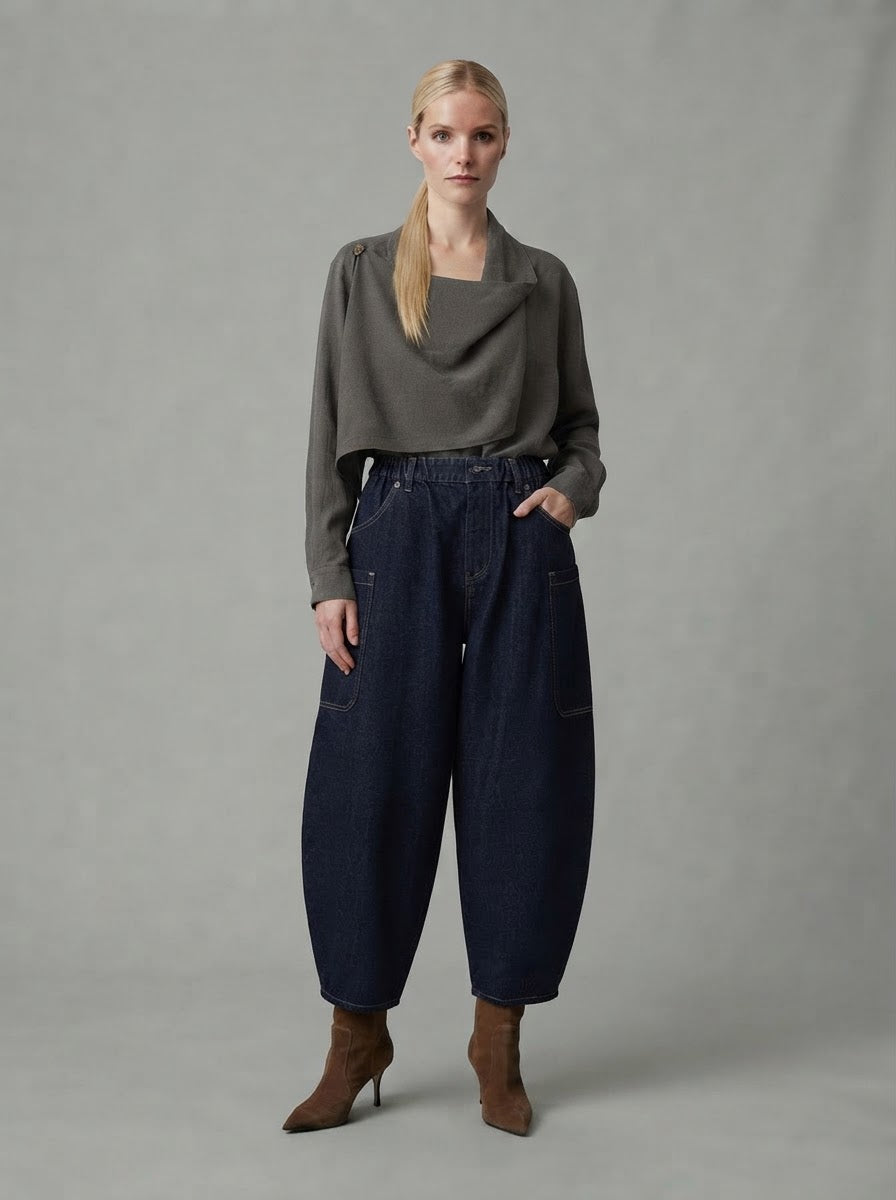 Model wearing denim blue Marie cargo pocket jeans, full front view