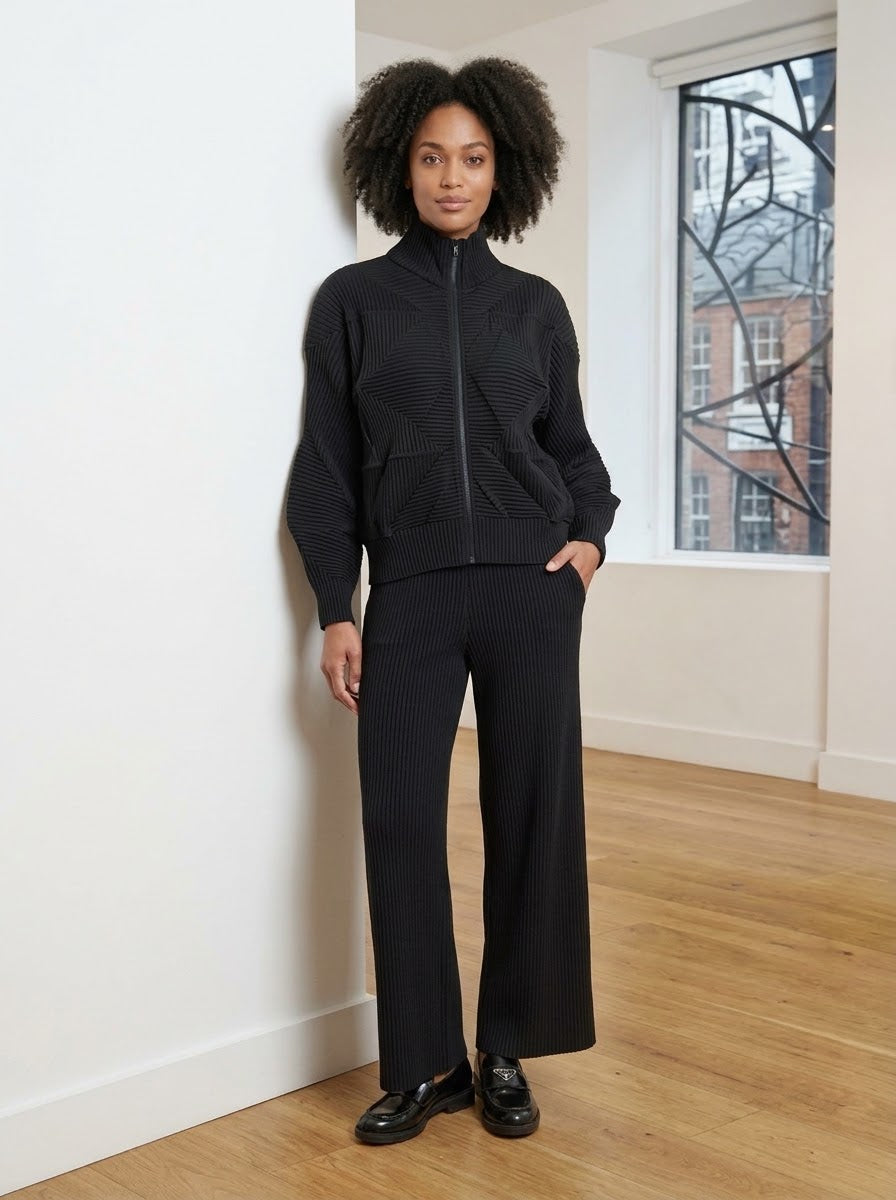 Jennifer origami pleat jacket with Marnie pleat trousers in black