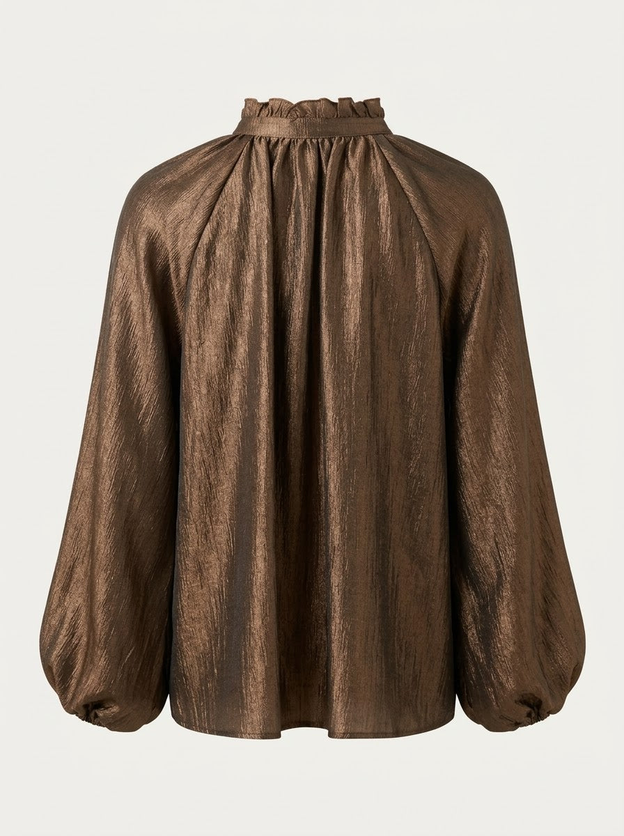 Lilian tie-neck lurex blouse in bronze, back product view