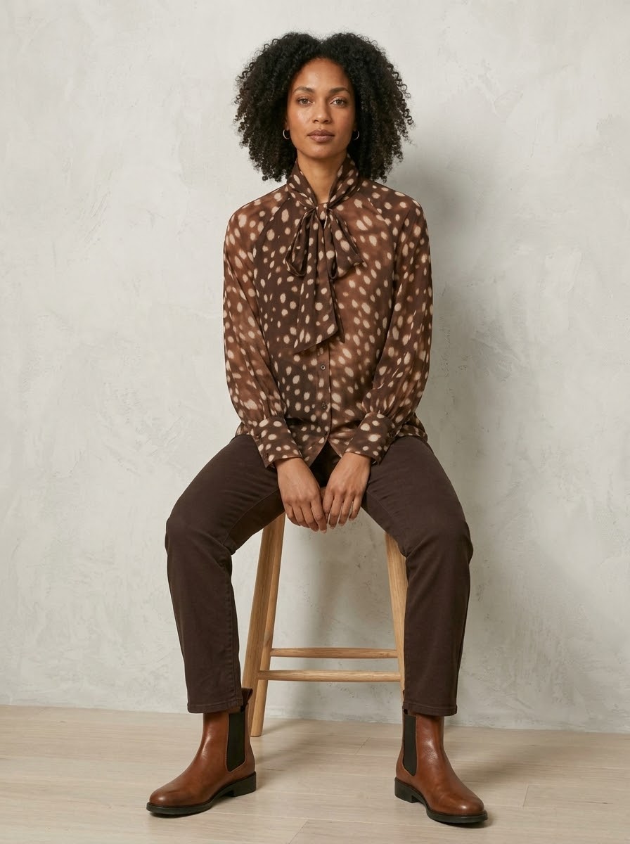 Model wearing Judith spot bow blouse in tan, seated view
