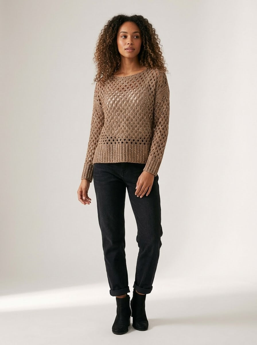 Close-up of the Barbados bronze jumper showing its open weave and shimmer