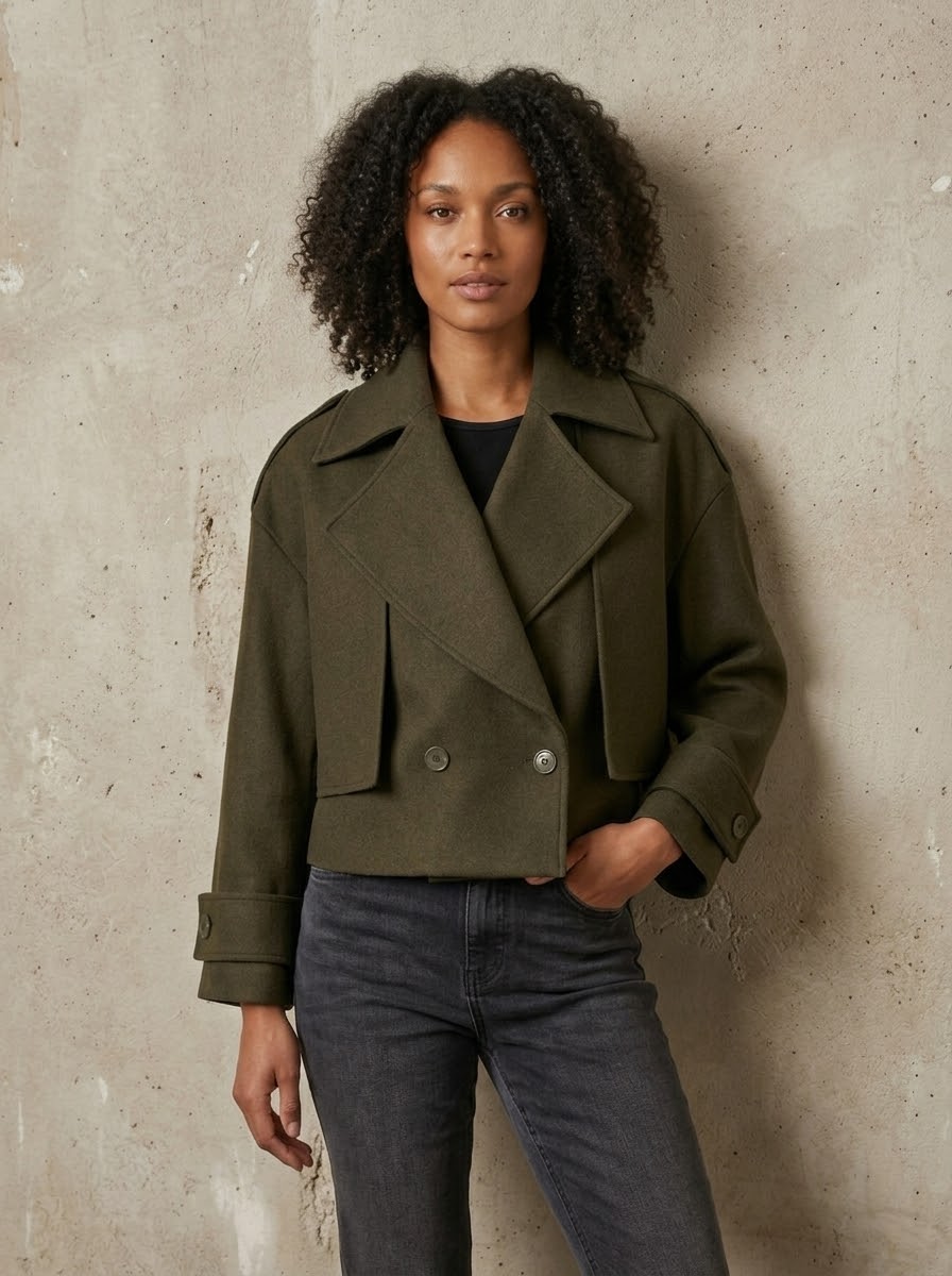 Rosa khaki cropped trench jacket front detail