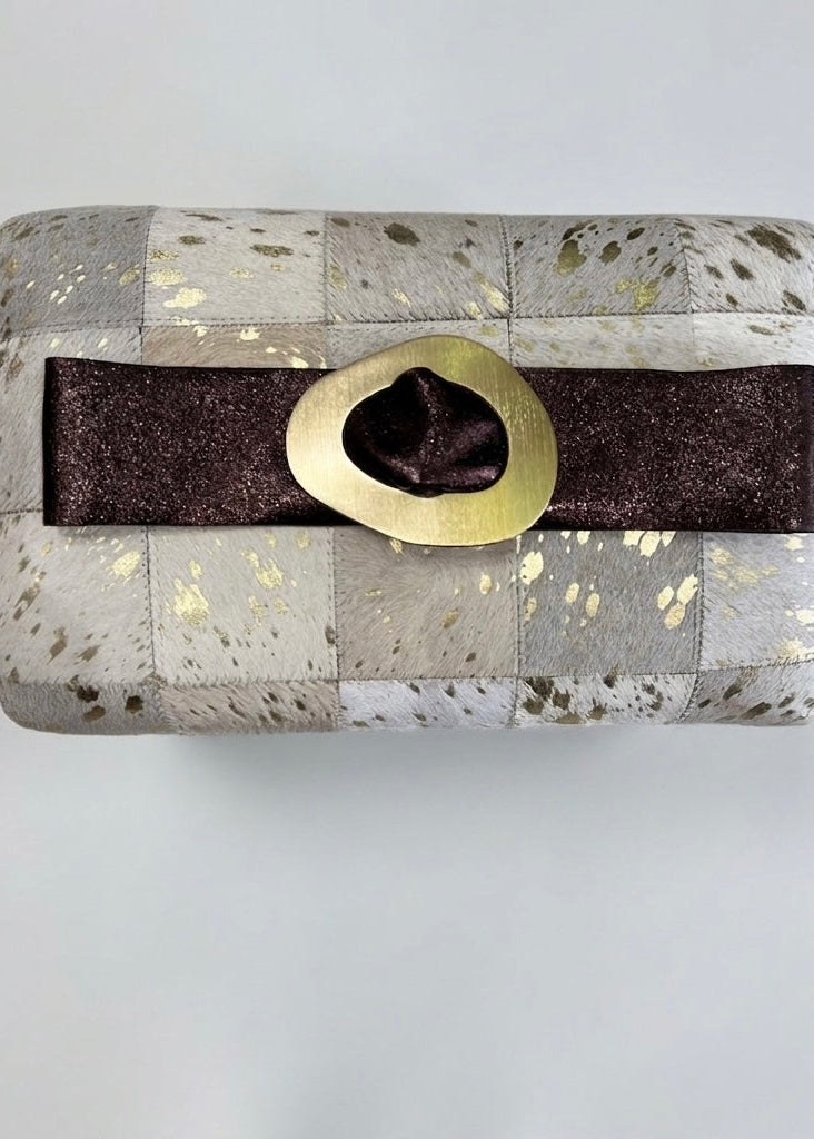 Metallic choc leather gold tone buckle belt