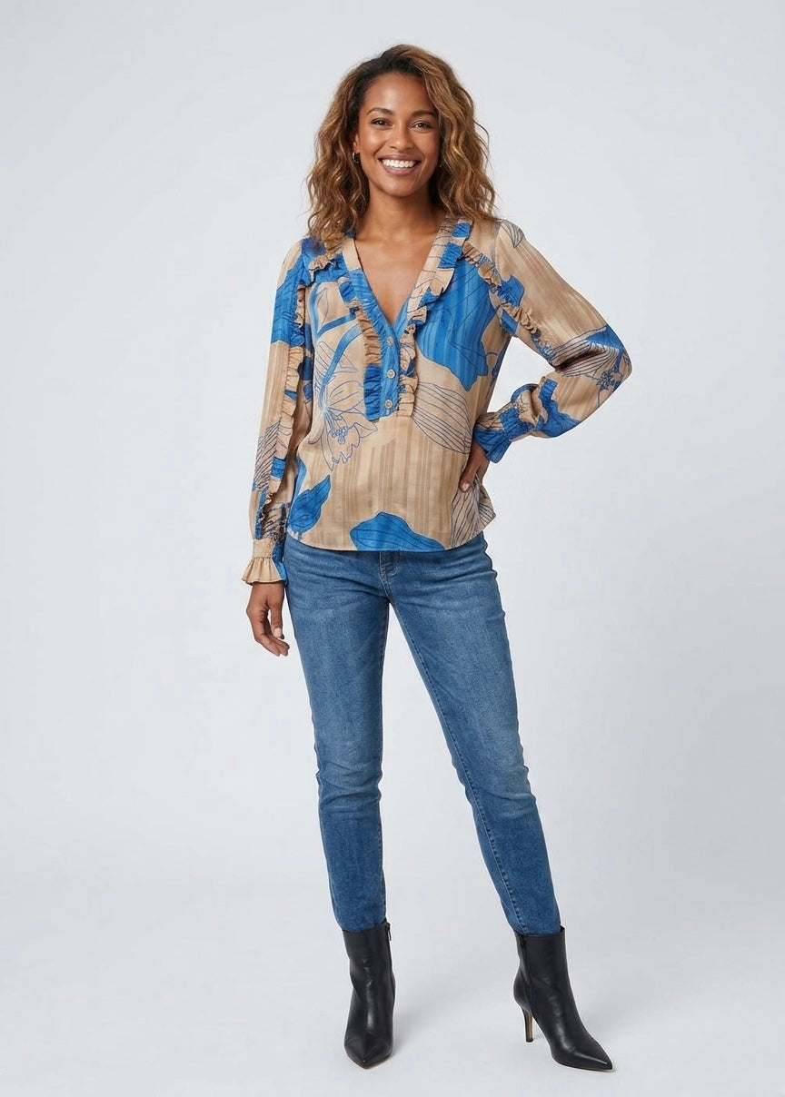 Tatiana blue printed soft chiffon blouse