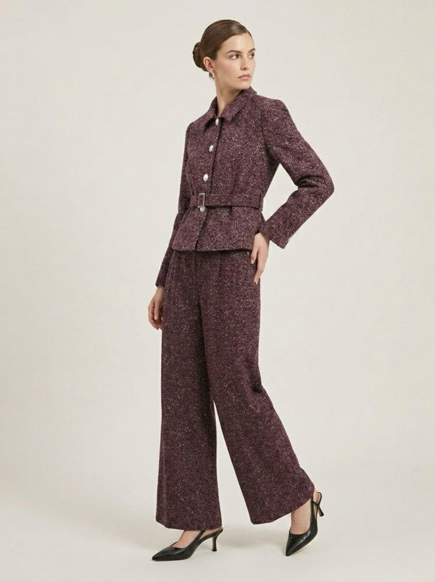 Marissa Bordeaux bouclé sequin fleck trousers and matching jacket