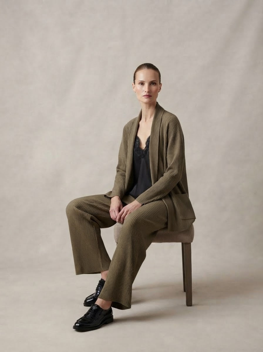 Margaret pleat jacket and wide leg trousers in taupe