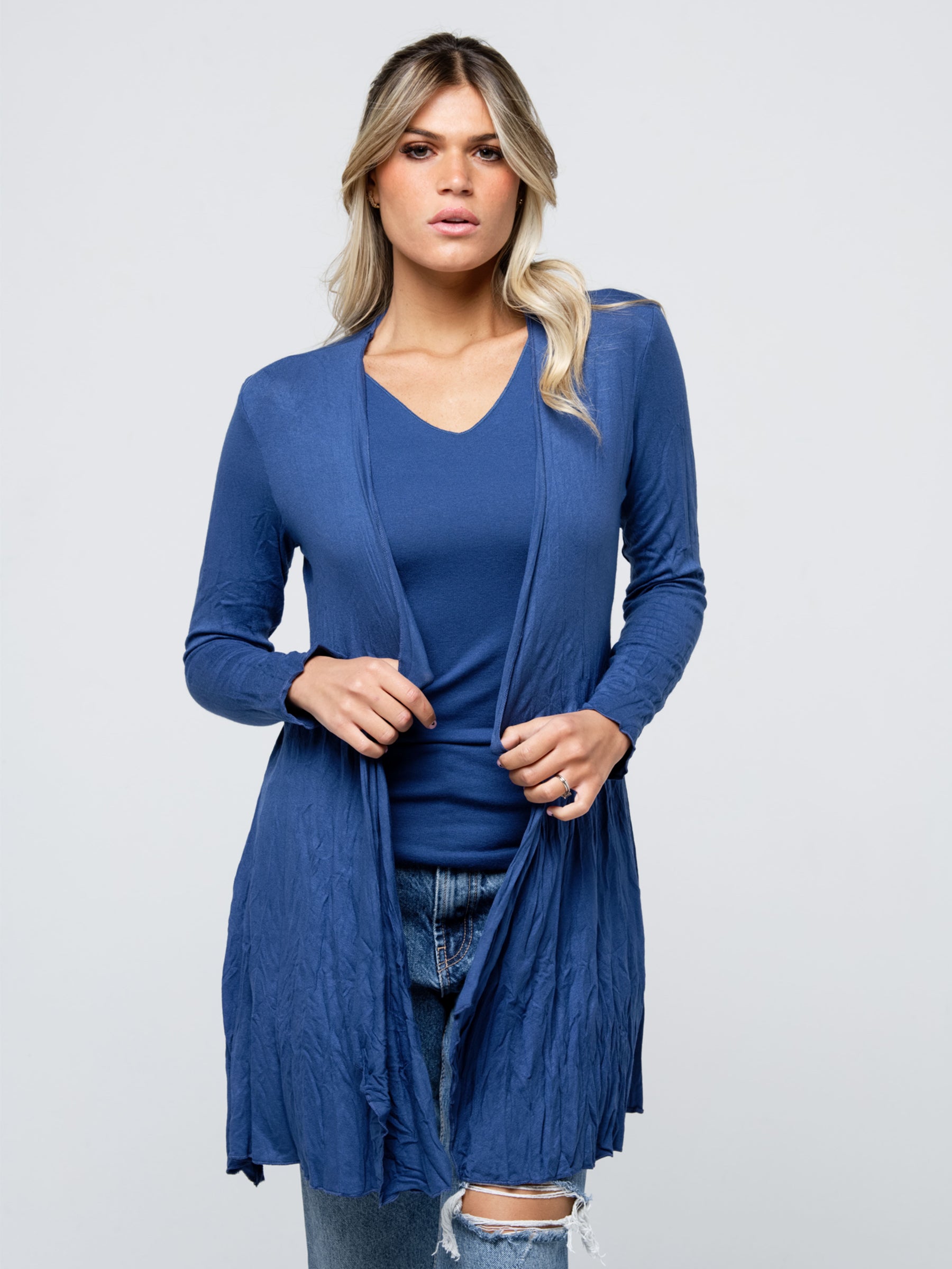 Longo -  Waterfall soft jersey cardigan Denim Blue
