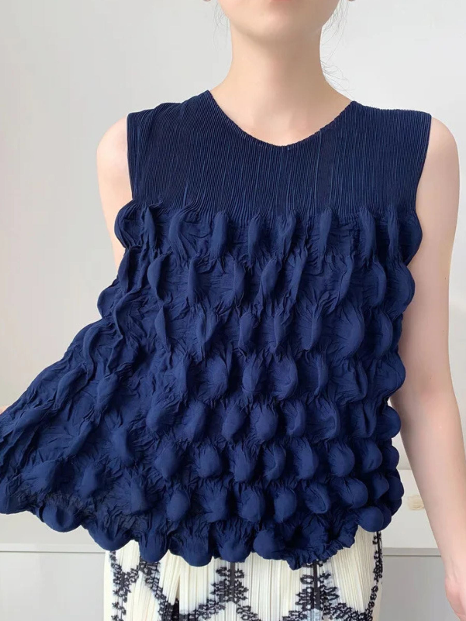 Marsha- Bubble pleated sleeveless top Navy