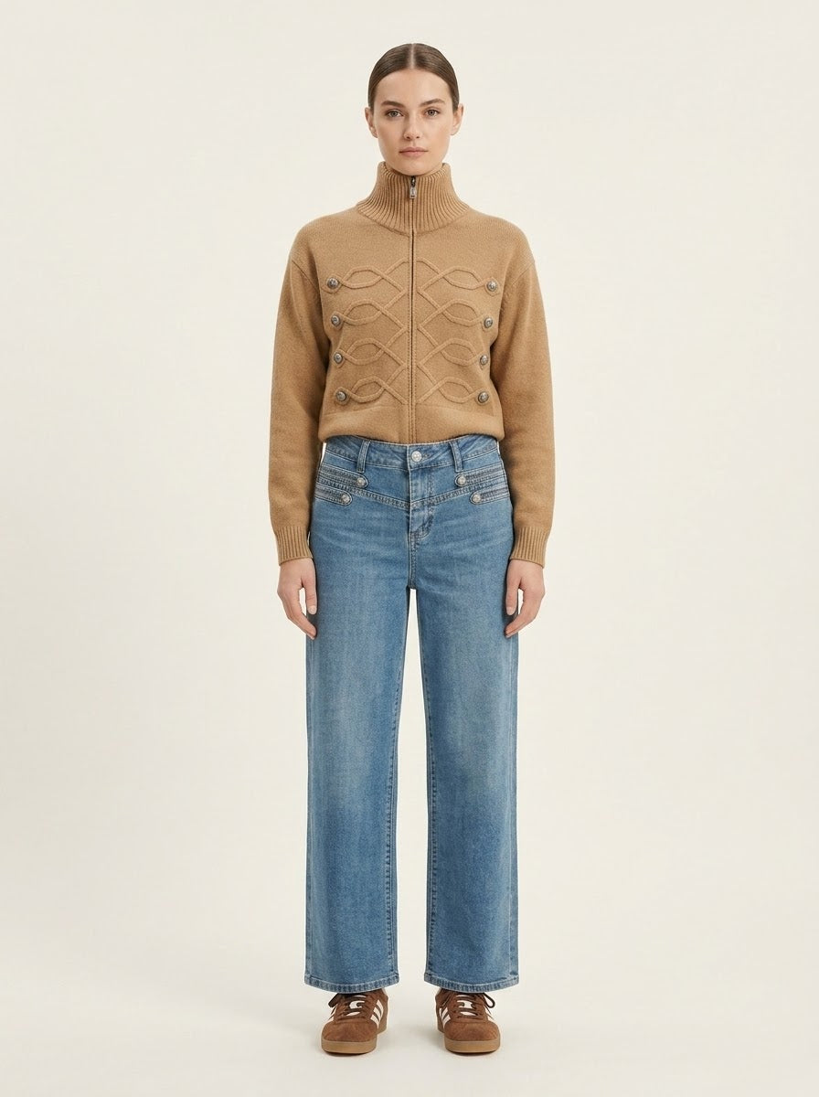 Model wearing Danni military button wide-leg jeans in denim blue, full front view