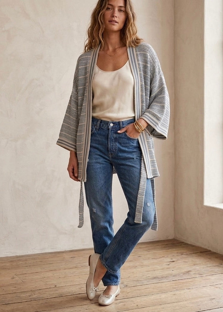 Briony blue cream stripe wrap cardigan