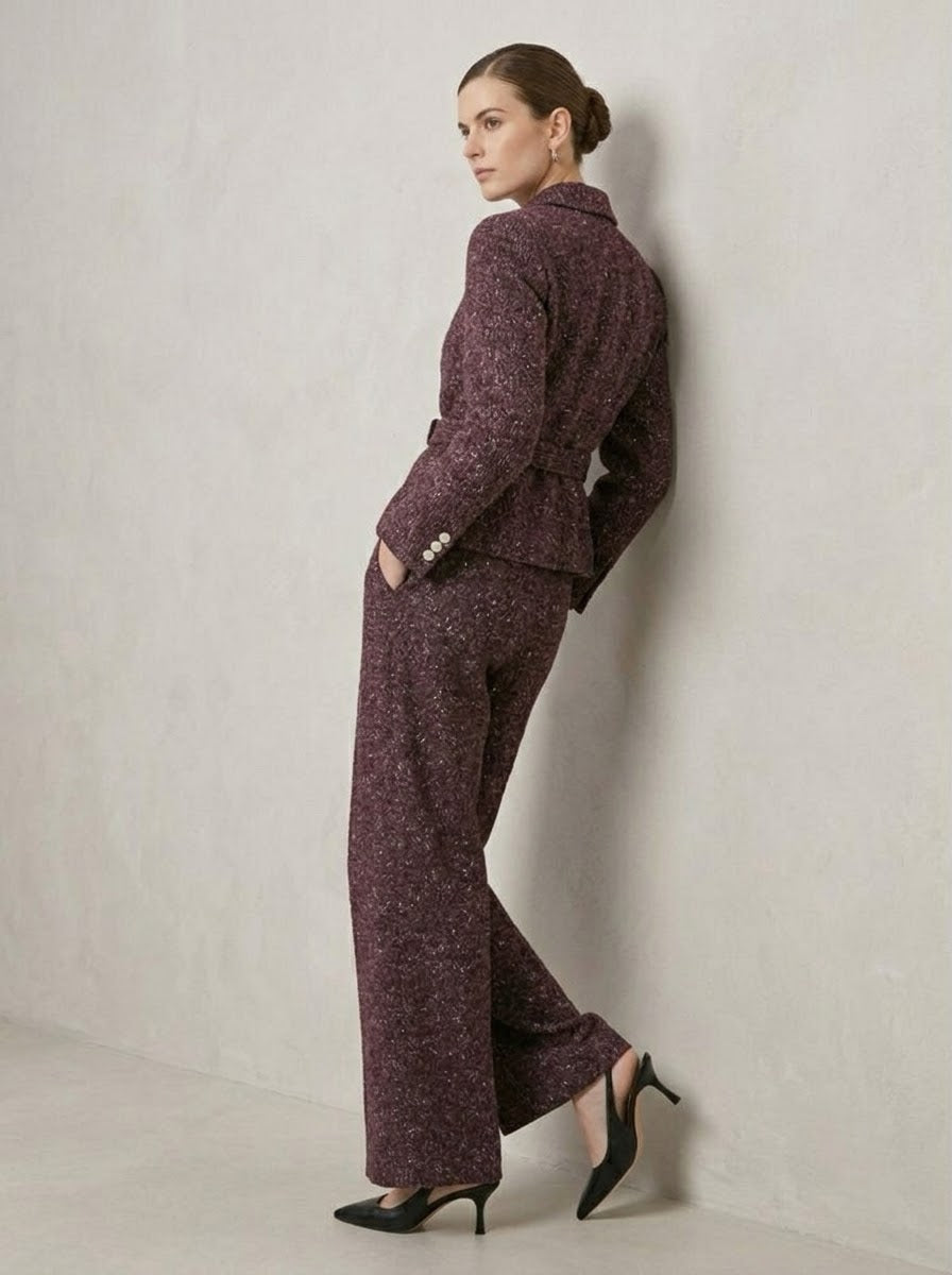 Marissa Bordeaux sequin fleck jacket worn open with matching trousers