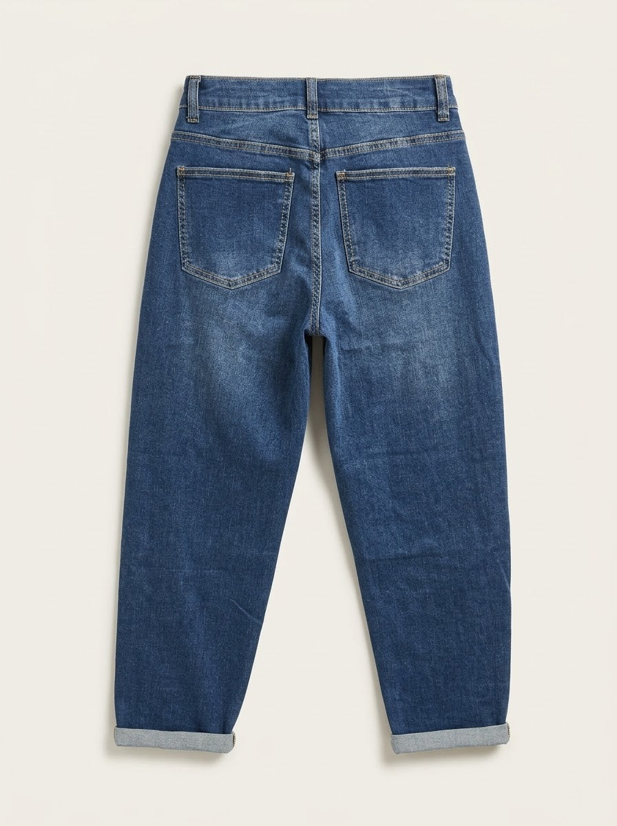 Andra denim blue barrel-leg jeans with back patch pockets, rear view