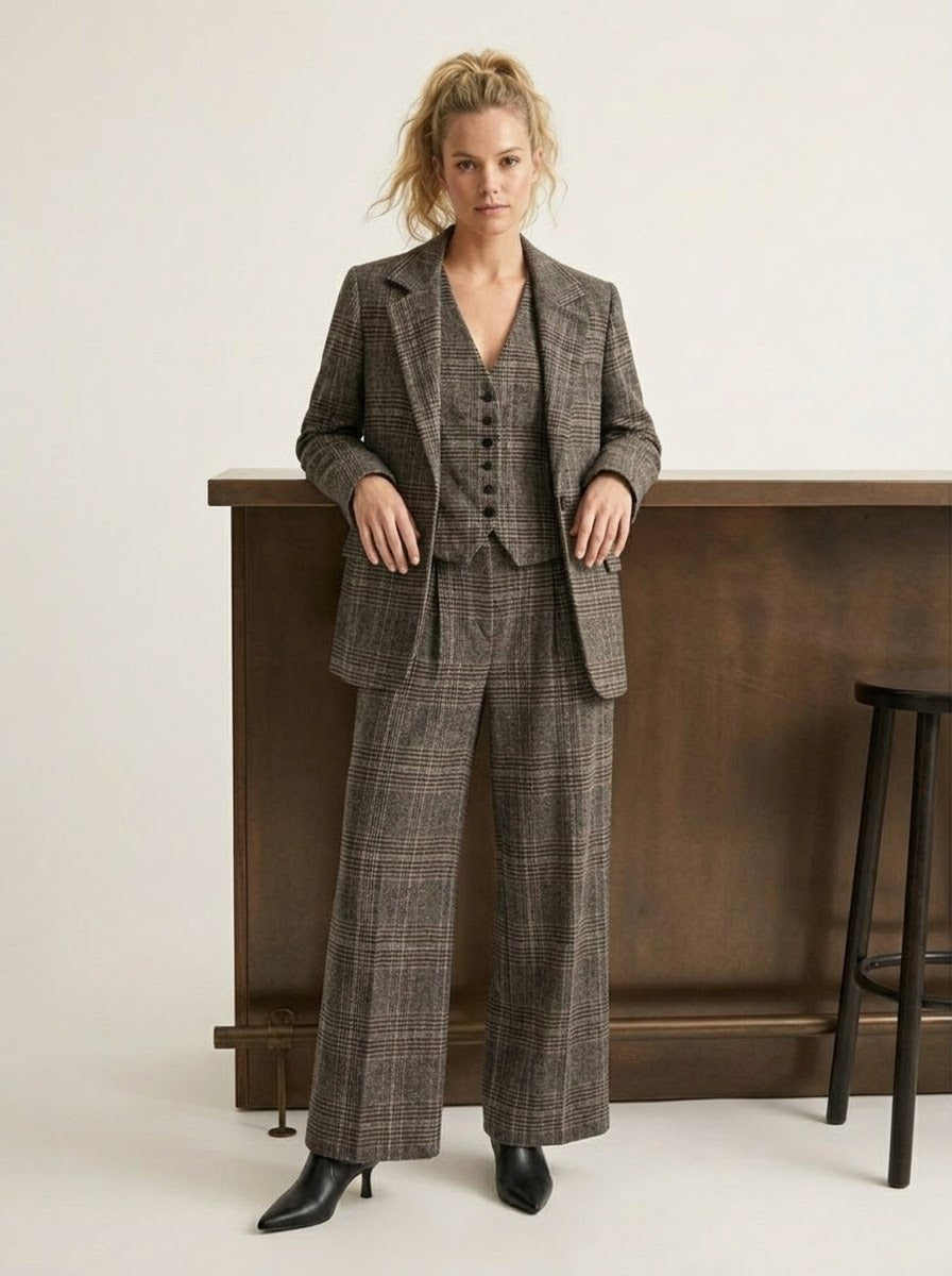 Back view of Eva grey checked wide-leg trousers
