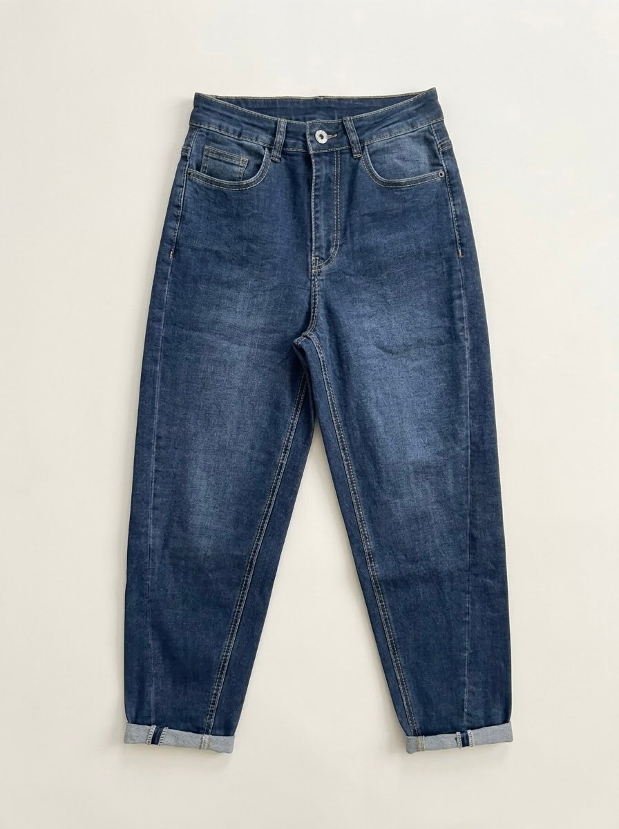 Andra denim blue twist-seam barrel-leg jeans, front view