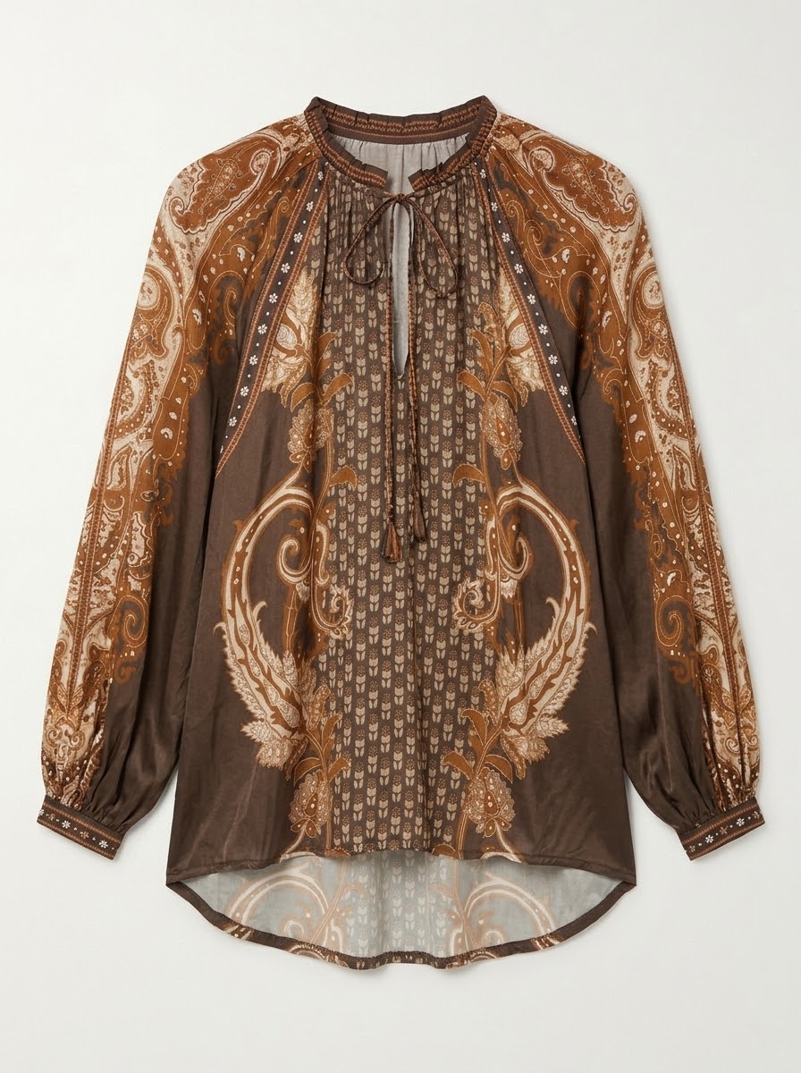 Jessica leaf printed blouse in tan, front product view
