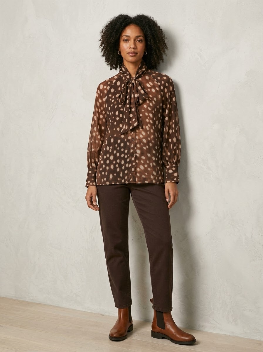 Model wearing tan Judith spot bow blouse untucked, front view