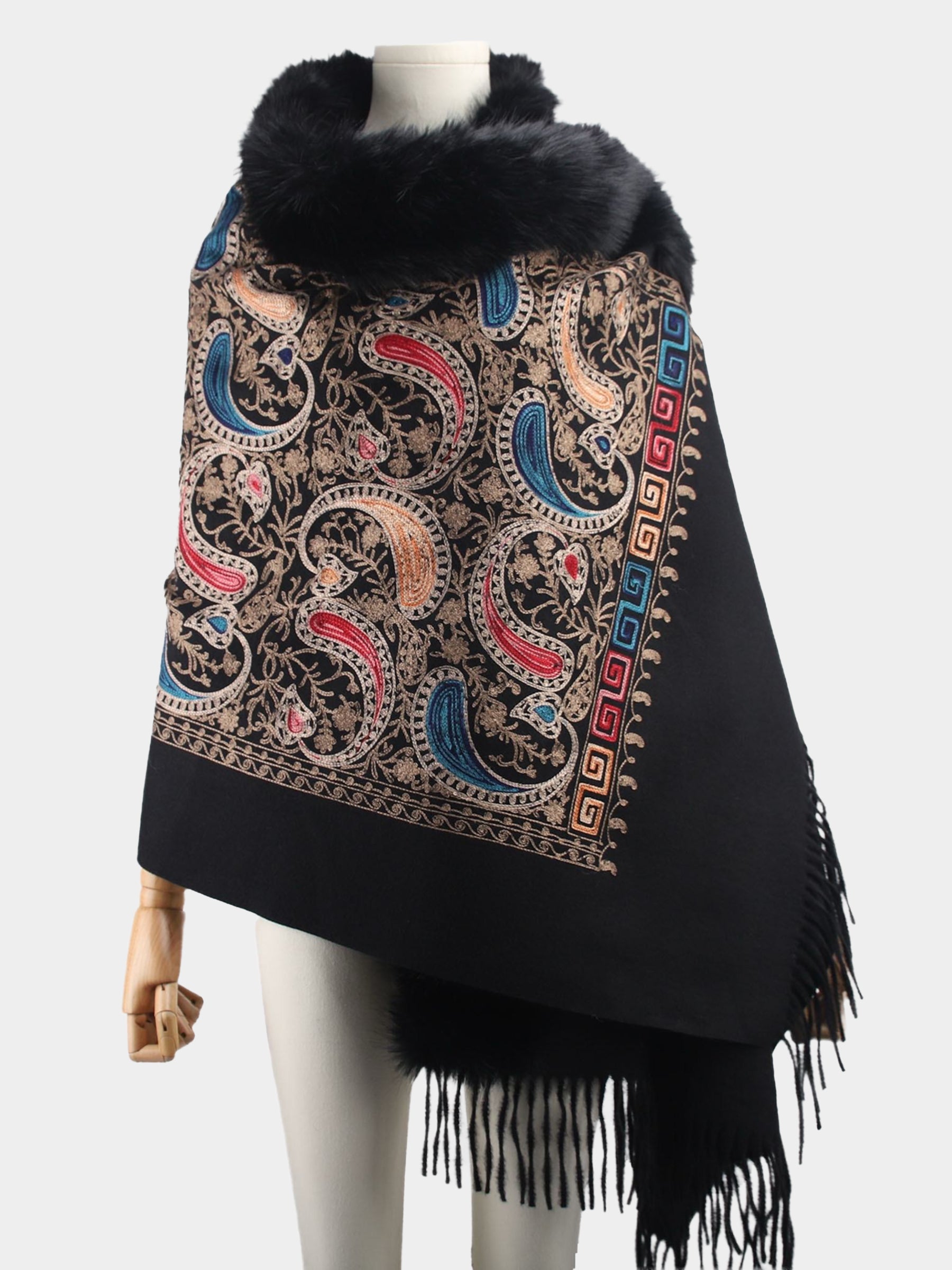 Cynthia - Embroidered fur trim shawl/wrap
