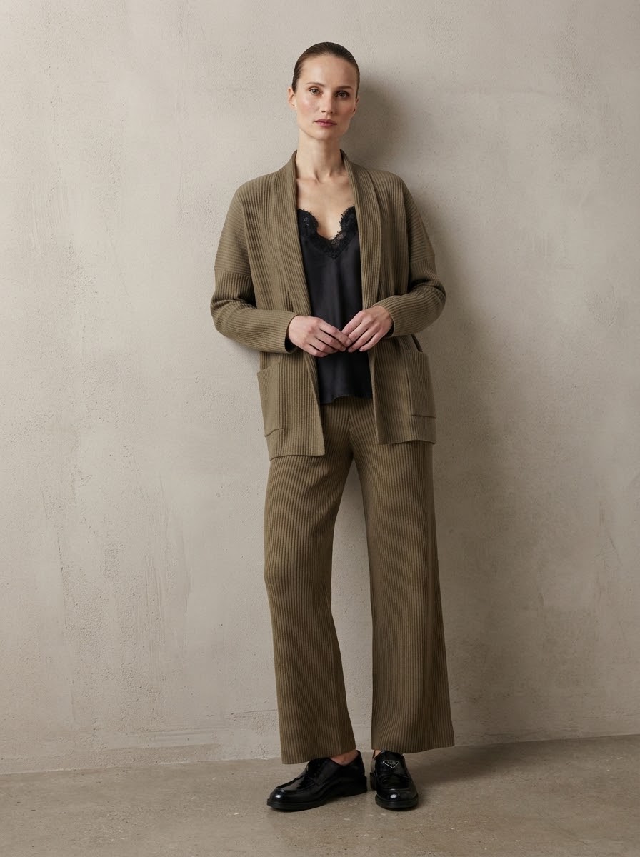 Margaret pleat jacket and wide leg trousers in taupe