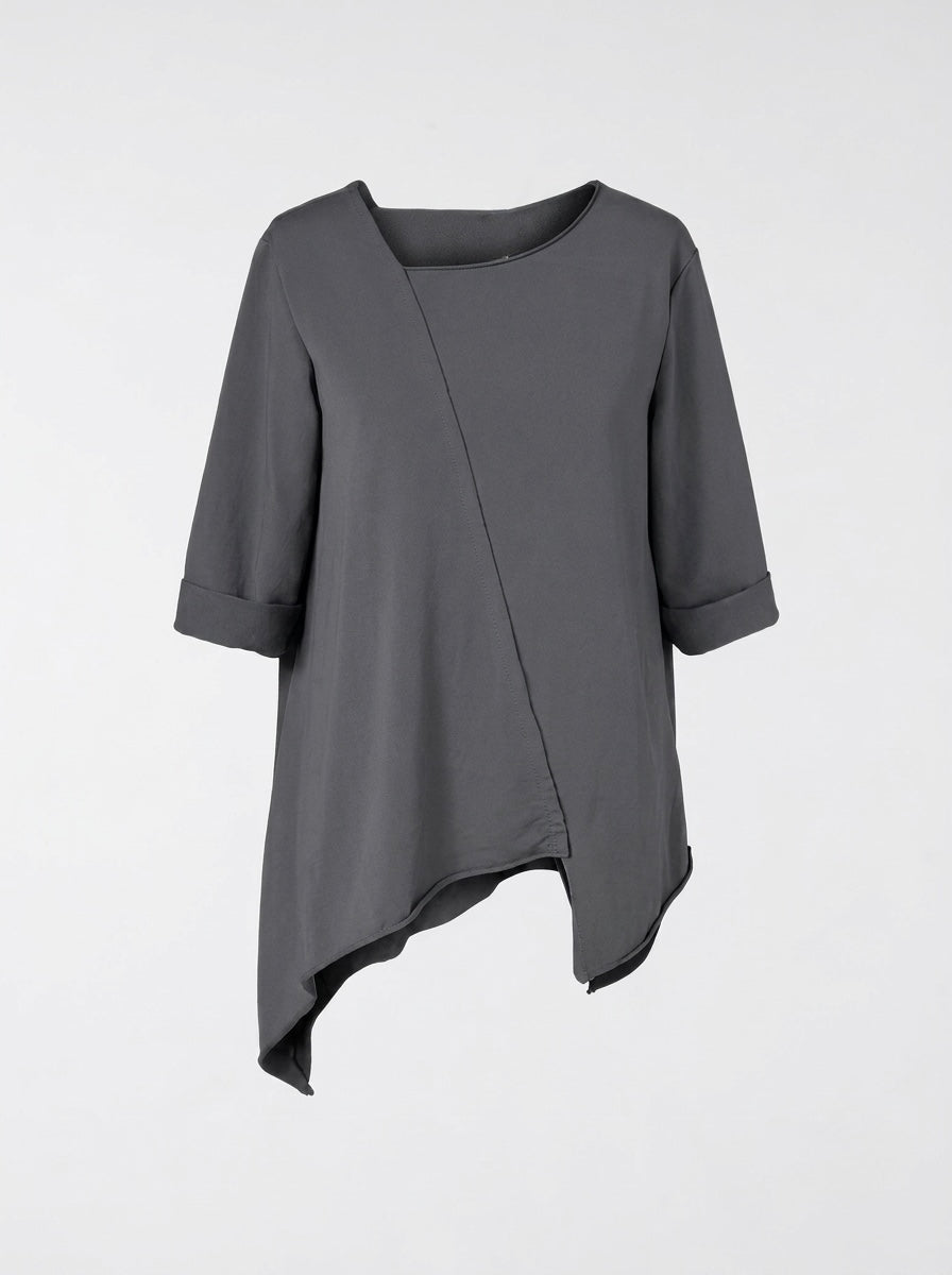 Maxine grey sweatshirt top with asymmetric neckline and raw-edge diagonal seam