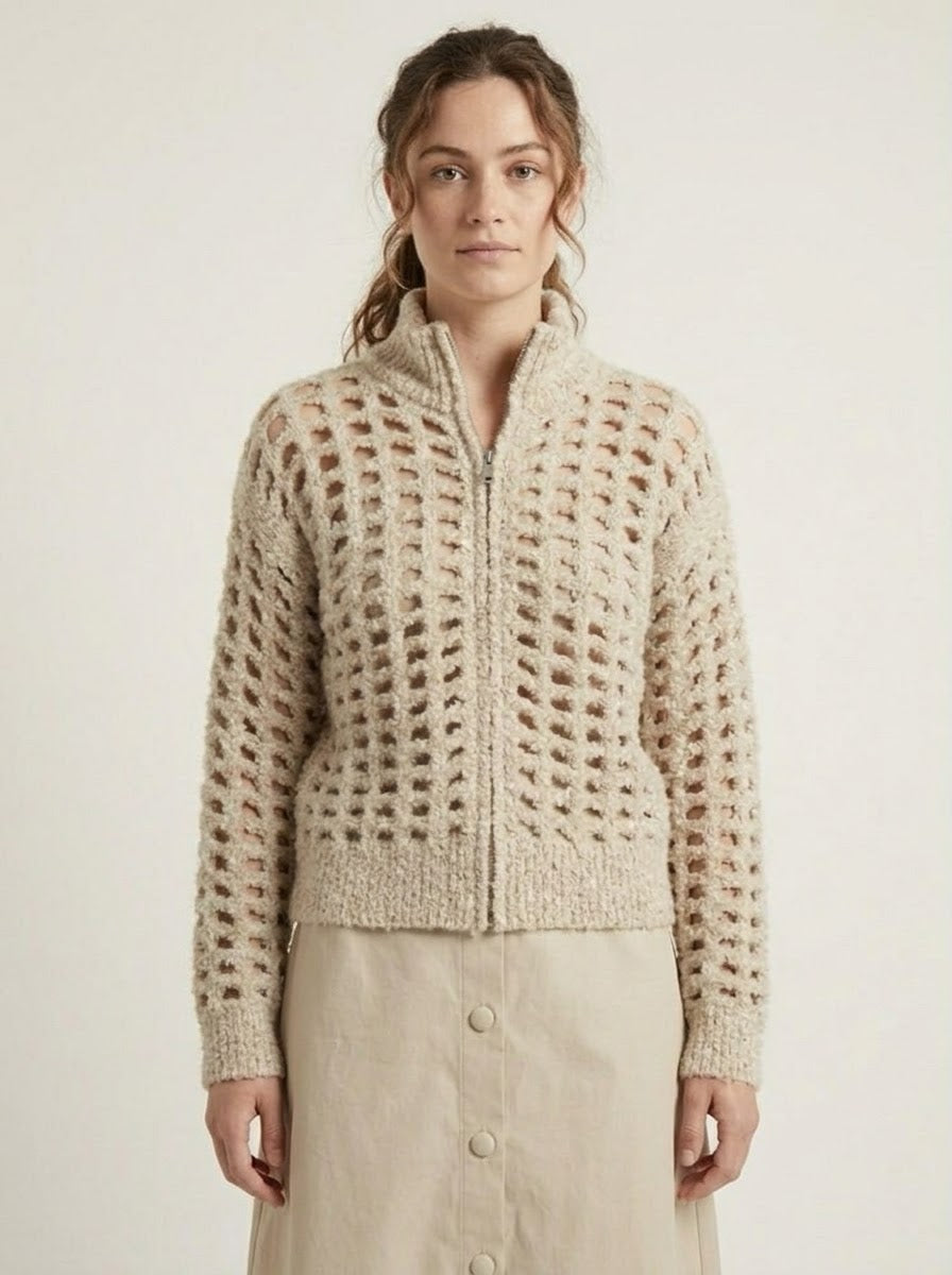 Front view of the Meera stone zip cardigan showing its high neck