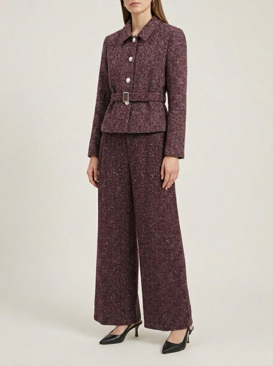 Marissa Bordeaux belted jacket and wide leg trouser matching set