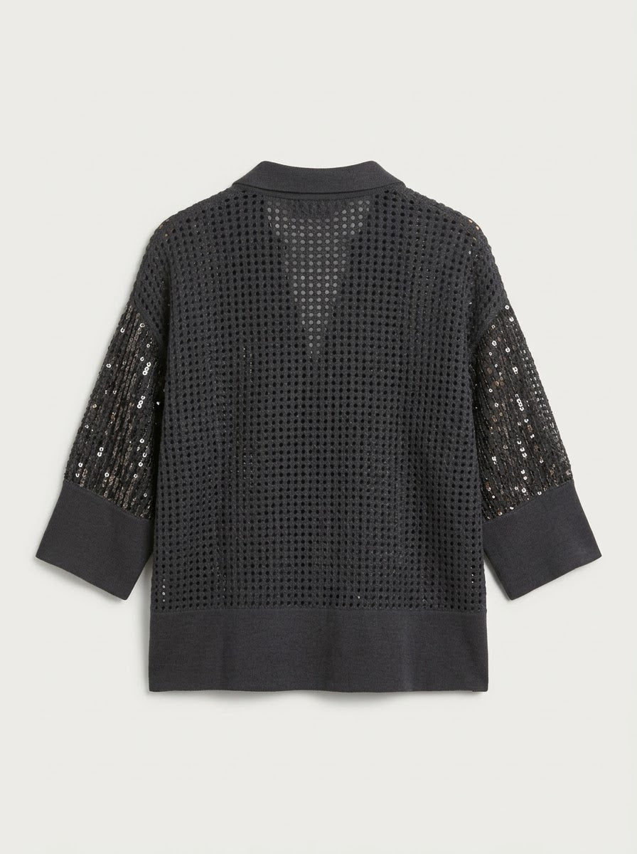 Close-up of the Janey charcoal cardigan and ribbed collar