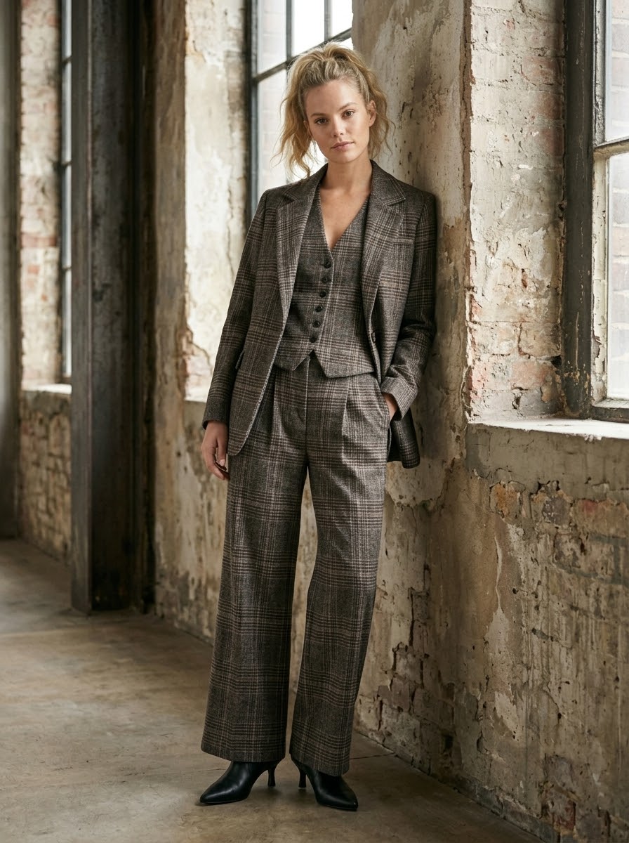Eva grey checked tailored blazer worn with matching separates