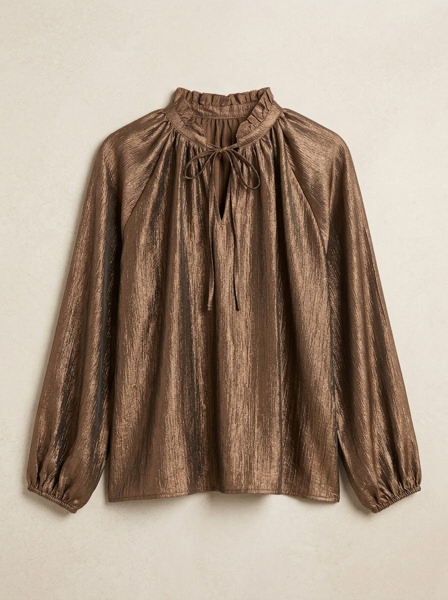 Lilian tie-neck lurex blouse in bronze, front product view