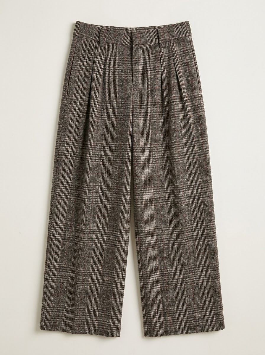 Eva grey checked wide-leg trousers shown in the three-piece suit