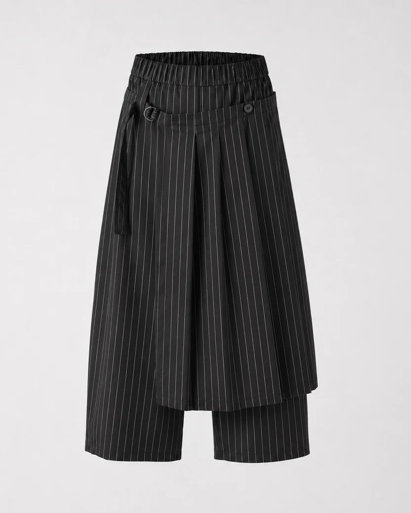 Sapphire black pinstripe trousers with wrap-front skirt panel, product view