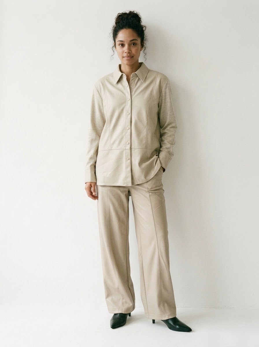Model wearing the Marley stone pleather and knit shirt with matching trousers