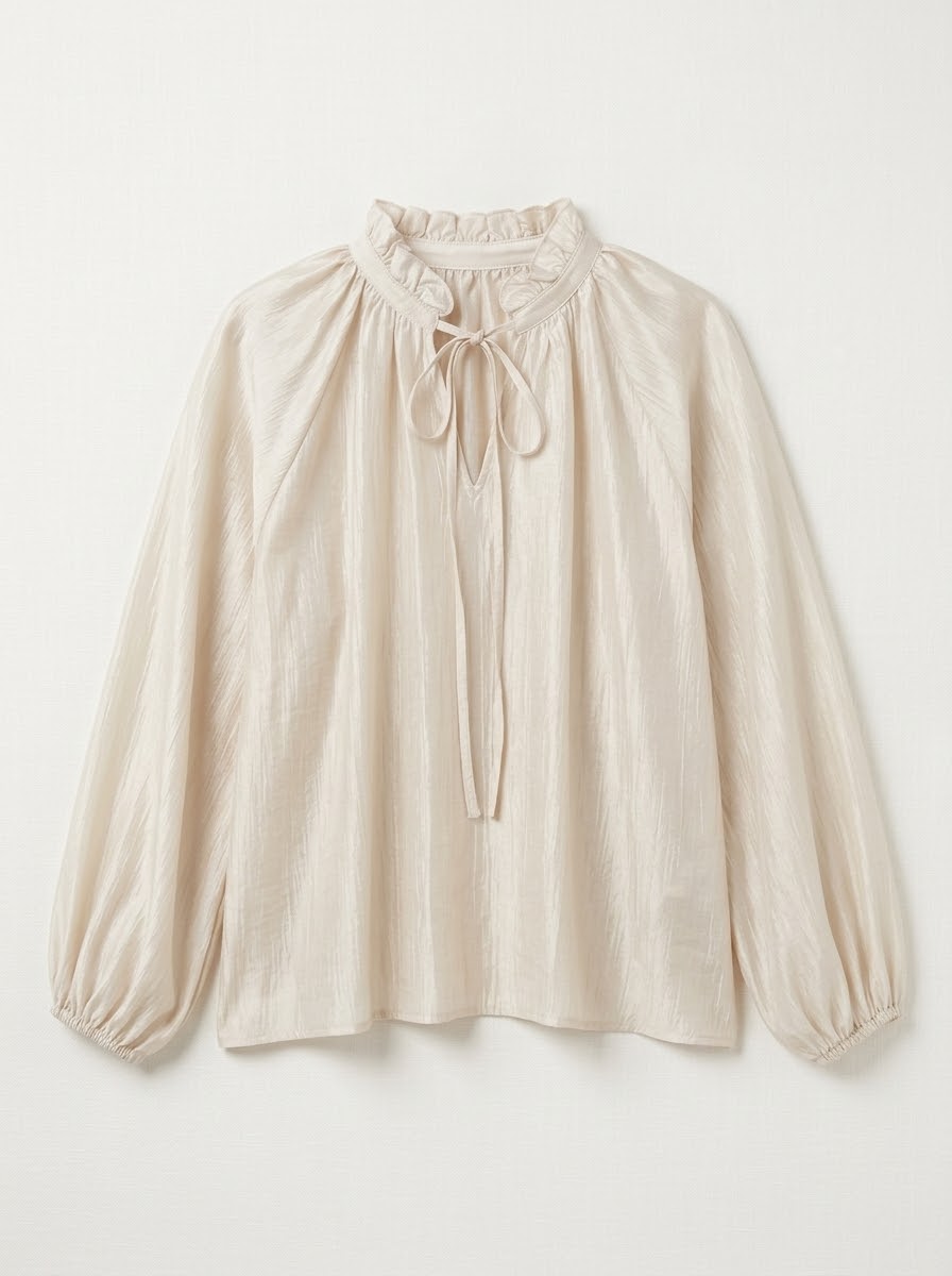 Lilian tie-neck lurex blouse in cream, front product view
