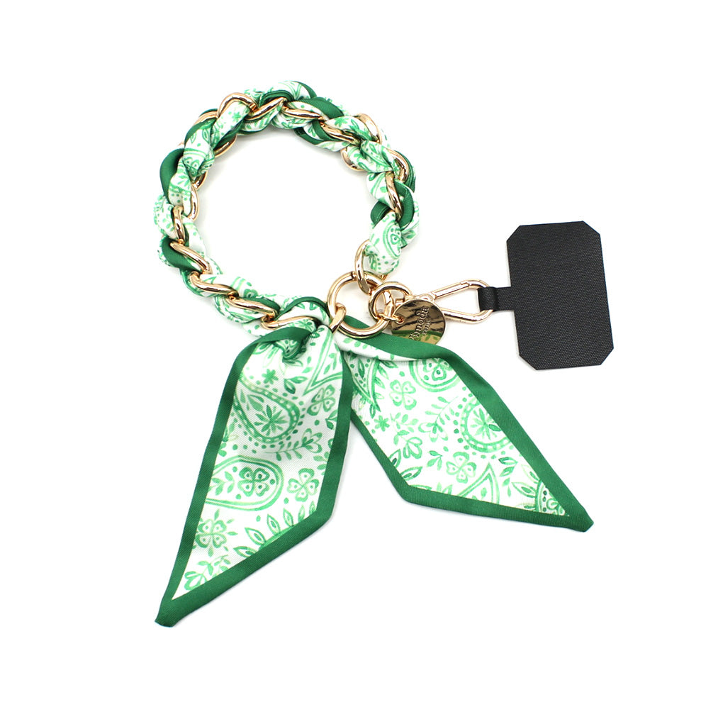 Green Sandi phone wrist strap with paisley fabric-wrapped gold-tone chain, clasp and phone-case insert tab