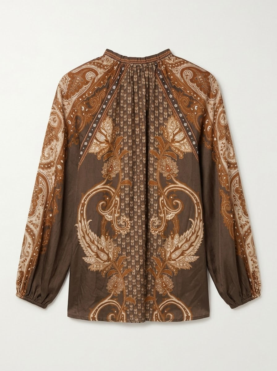Jessica leaf printed blouse in tan, back product view