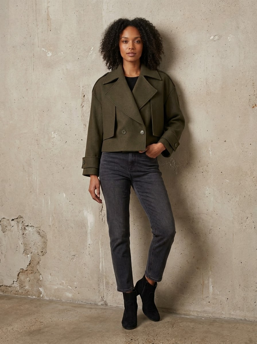 Rosa khaki short trench jacket worn with jeans