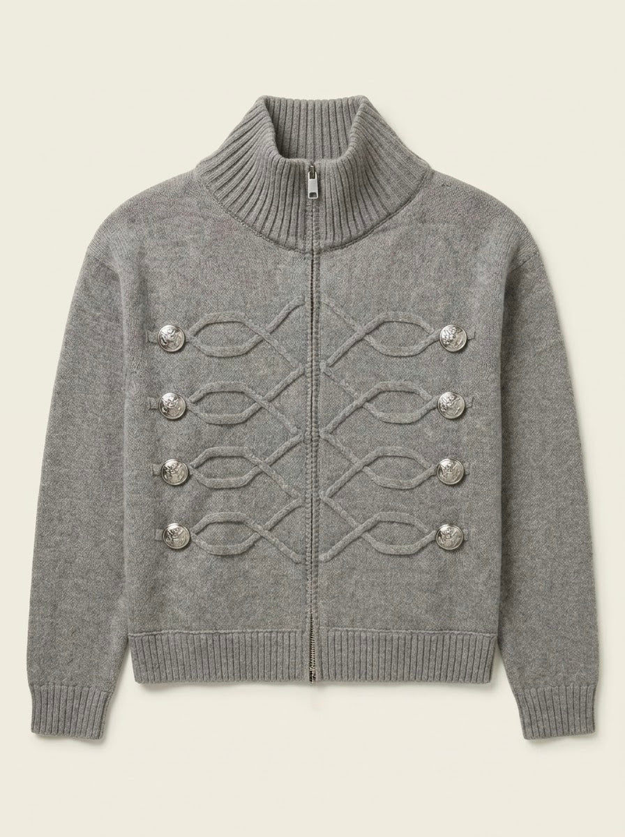 Simone regiment knitted jacket in grey, front flat lay showing braided button detail