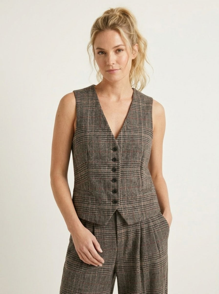 Eva grey checked waistcoat styled with matching trousers