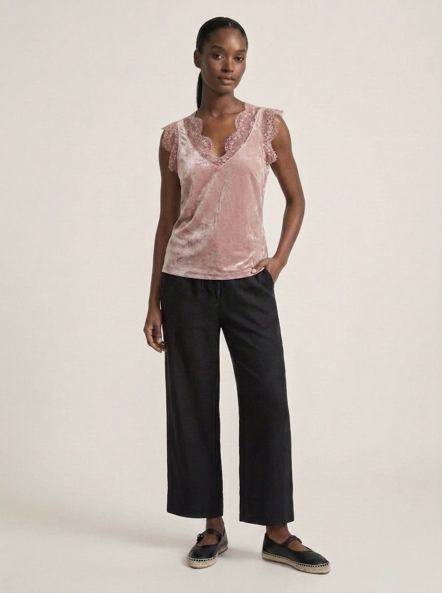 Dusky Pink Lacey satin viscose cami top, lace detail view, with lace-trimmed V-neckline and arm openings